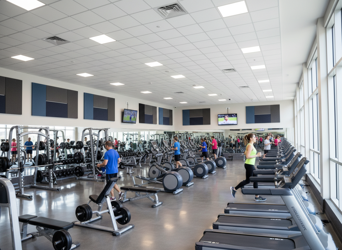 Members working out in a commercial fitness club with acoustic wall panels installed